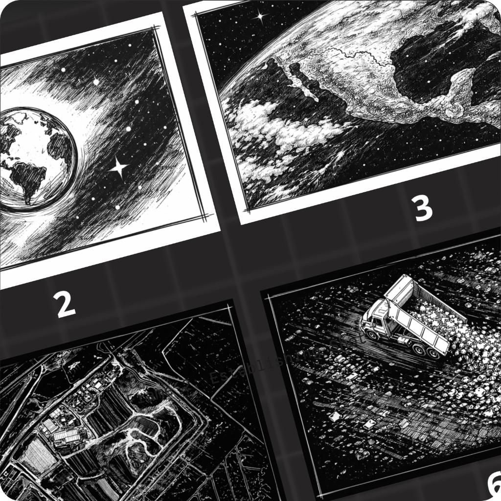 Black-and-white storyboard panels — Earth in space, orbital view, aerial landscape, and truck unloading