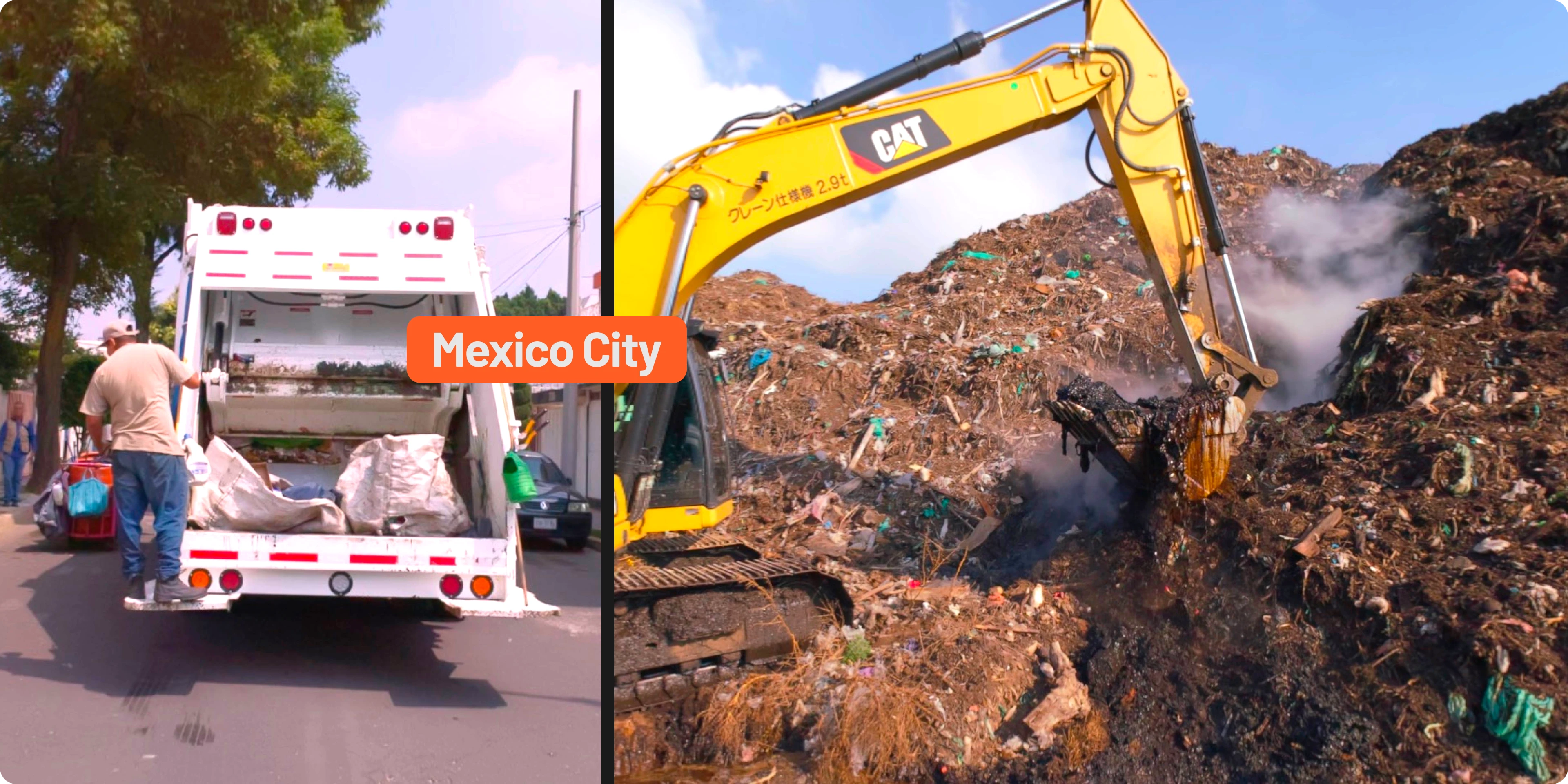 Organic waste collection on a Mexico City street and industrial processing at a waste site