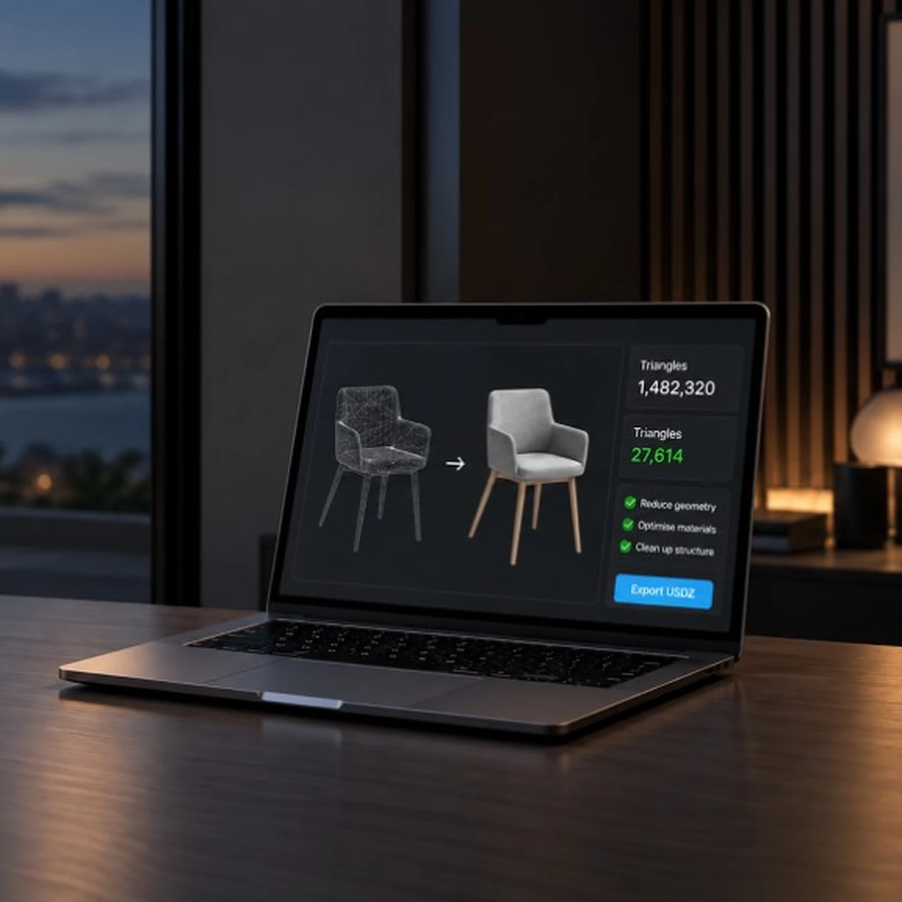 MacBook running STAGEit Optimiser, comparing a wireframe chair with the optimised model