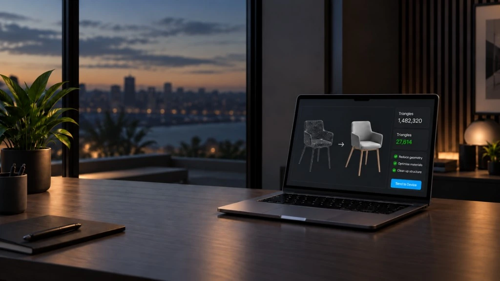 A MacBook on a desk running STAGEit Optimiser, comparing a wireframe chair with an optimised model and a reduced triangle count