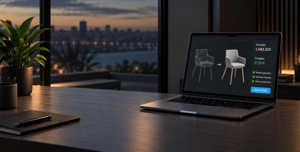 STAGEit Optimiser on a MacBook — free 3D model optimisation for Apple Vision Pro