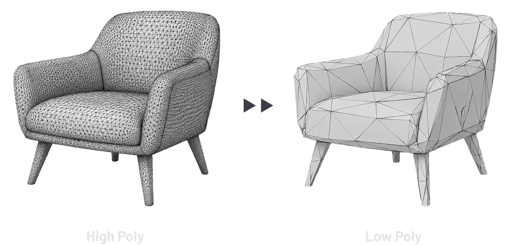 A high-poly chair mesh beside a simplified low-poly version of the same chair