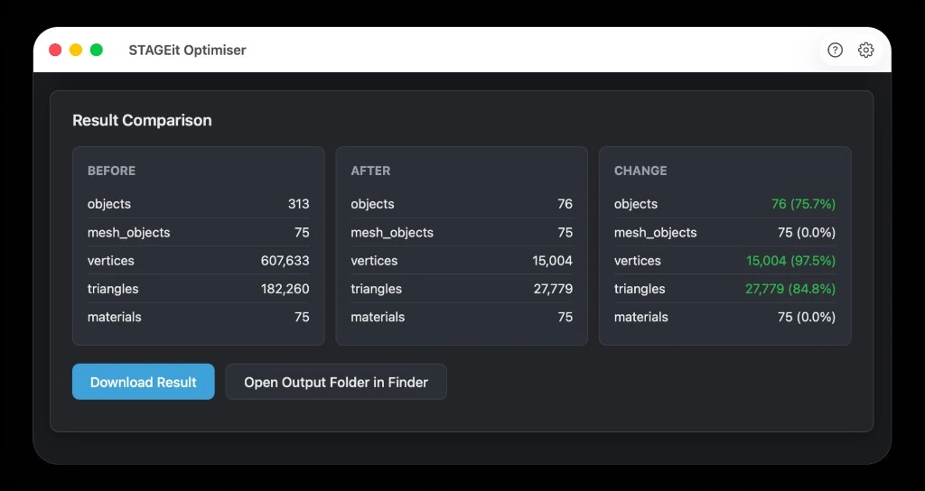 STAGEit Optimiser result comparison showing objects, vertices, and triangles reduced after optimisation
